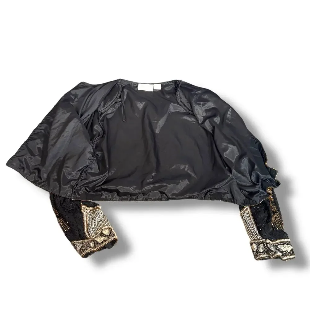 Vintage Silk Beaded Jacket‎ Black Gold 80s Luxury XL Maximalist Power Dressing